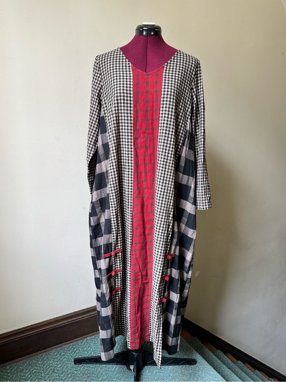 Patchwork Cotton Linen Long Maxi Caftan Lagenlook Dress Plaid Checkered